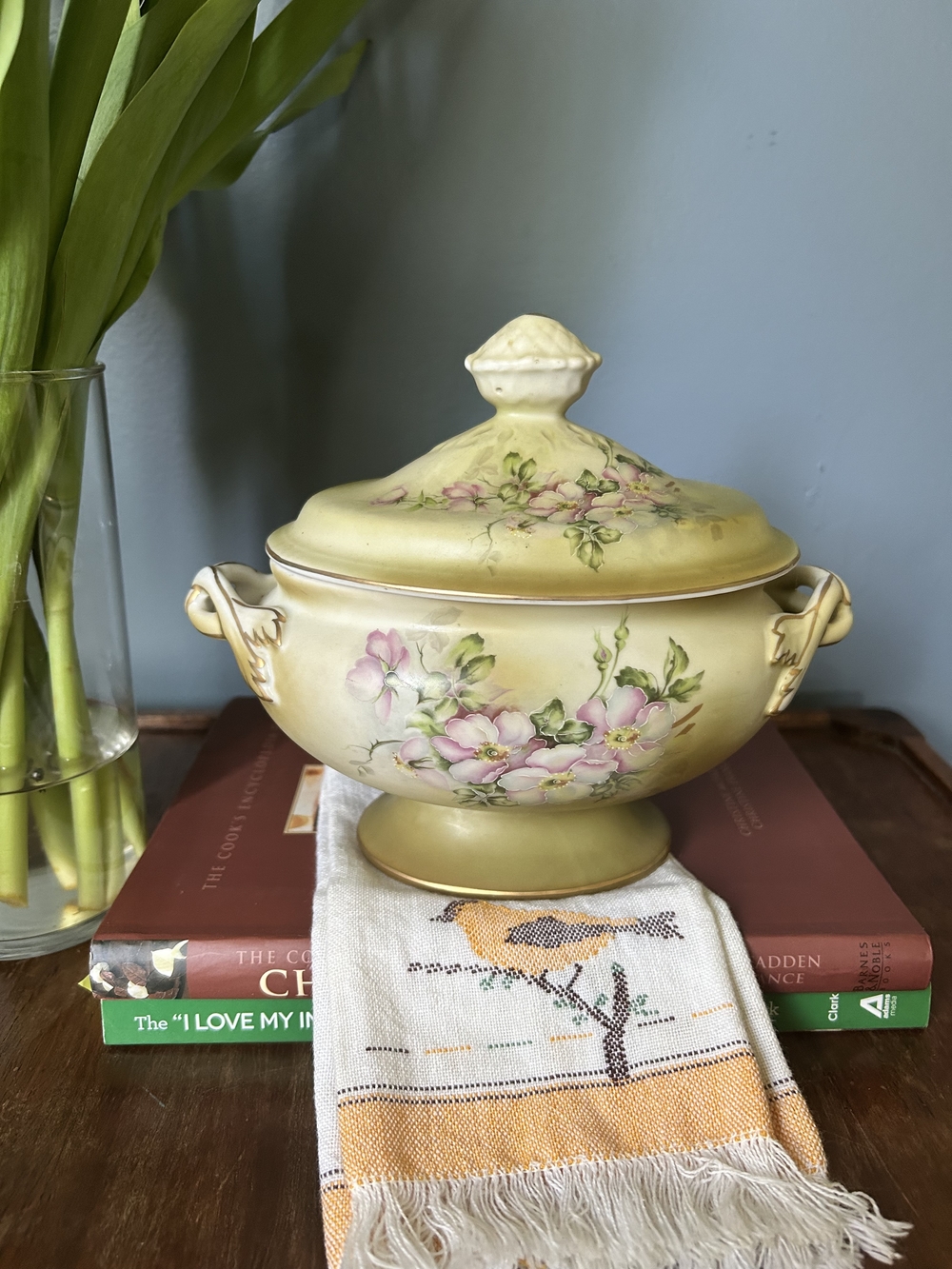 Vintage Hand Painted Nippon Covered Dish Pedestal Bowl | Floral Cottage